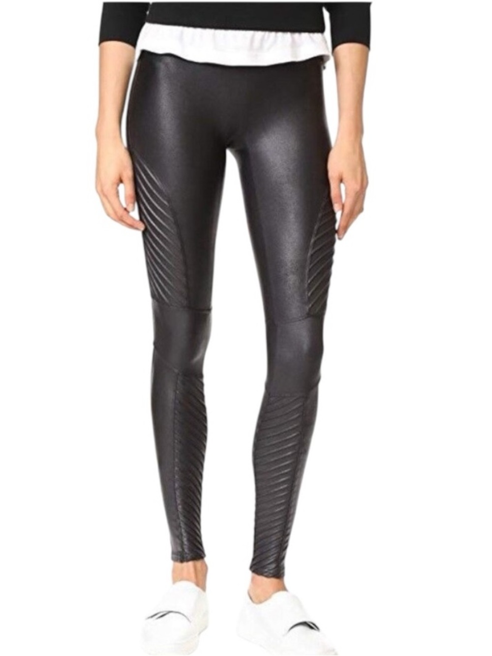 SPANX Faux Leather Moto Leggings Black High Rise Shaping L 20136R